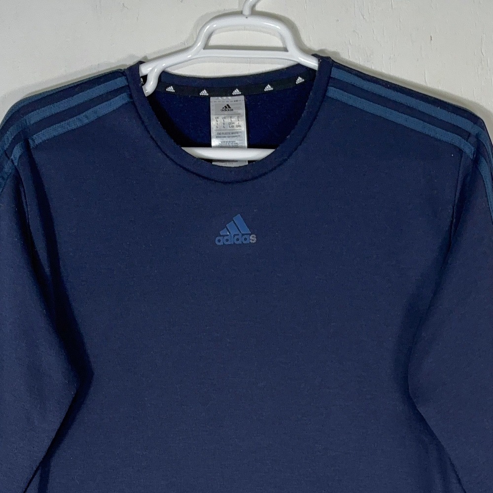 Adidas Fleece Navy Blue Crewneck Sweatshirt Mens L 3-Stripe Crewneck